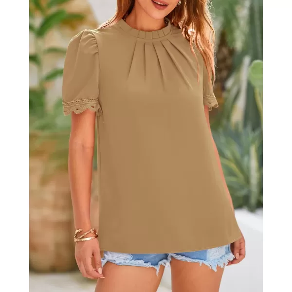 BTFBM Womens Dressy Casual Blouses Business Work Tops Lace Trim Short Sleeve Office Shirts 2024 Summer Spring OutfitsSolid Light Khaki