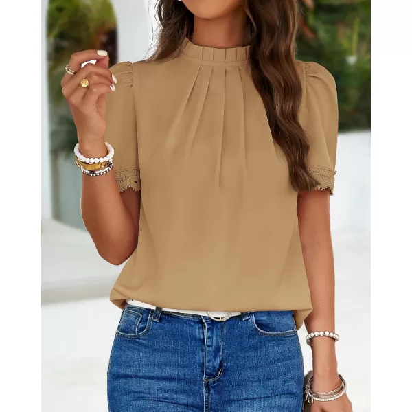 BTFBM Womens Dressy Casual Blouses Business Work Tops Lace Trim Short Sleeve Office Shirts 2024 Summer Spring OutfitsSolid Light Khaki