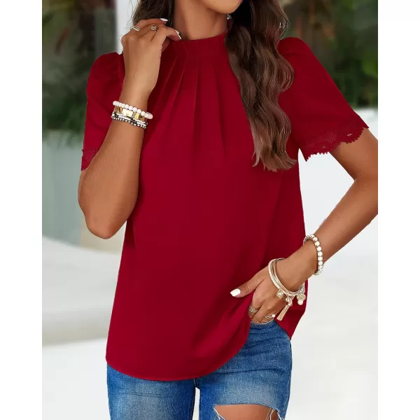 BTFBM Womens Dressy Casual Blouses Business Work Tops Lace Trim Short Sleeve Office Shirts 2024 Summer Spring OutfitsSolid Red