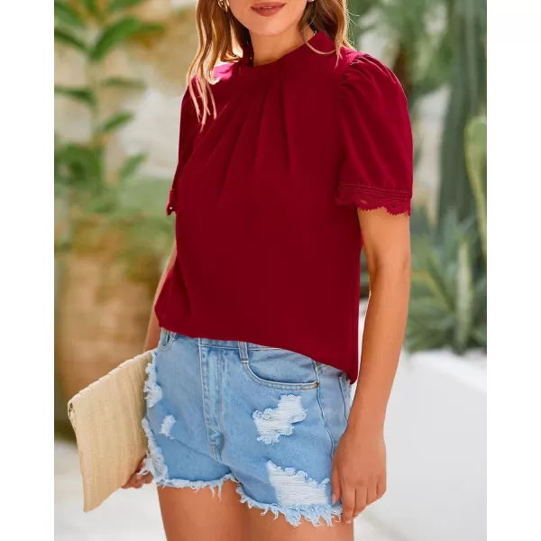 BTFBM Womens Dressy Casual Blouses Business Work Tops Lace Trim Short Sleeve Office Shirts 2024 Summer Spring OutfitsSolid Red