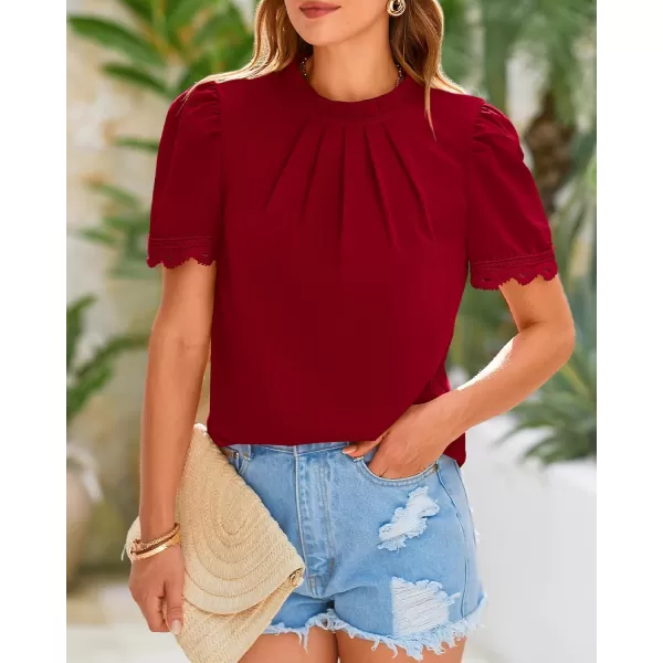 BTFBM Womens Dressy Casual Blouses Business Work Tops Lace Trim Short Sleeve Office Shirts 2024 Summer Spring OutfitsSolid Red