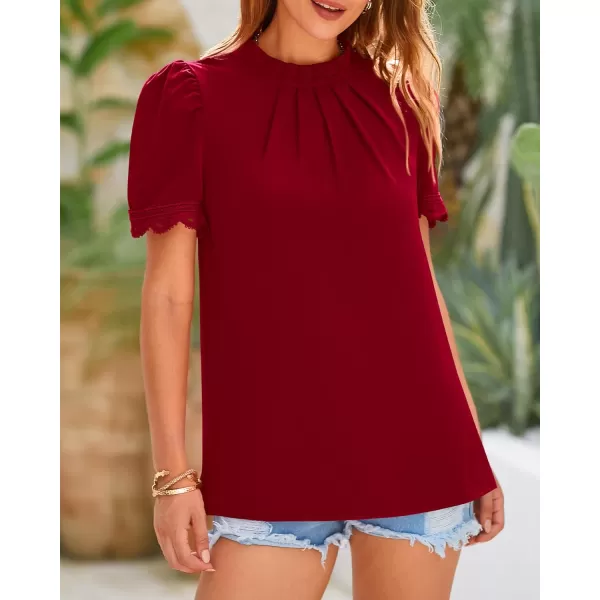 BTFBM Womens Dressy Casual Blouses Business Work Tops Lace Trim Short Sleeve Office Shirts 2024 Summer Spring OutfitsSolid Red