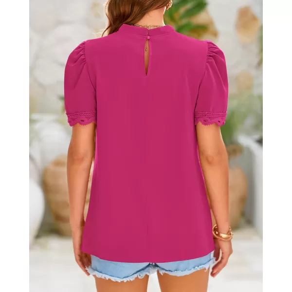 BTFBM Womens Dressy Casual Blouses Business Work Tops Lace Trim Short Sleeve Office Shirts 2024 Summer Spring OutfitsSolid Rose Red
