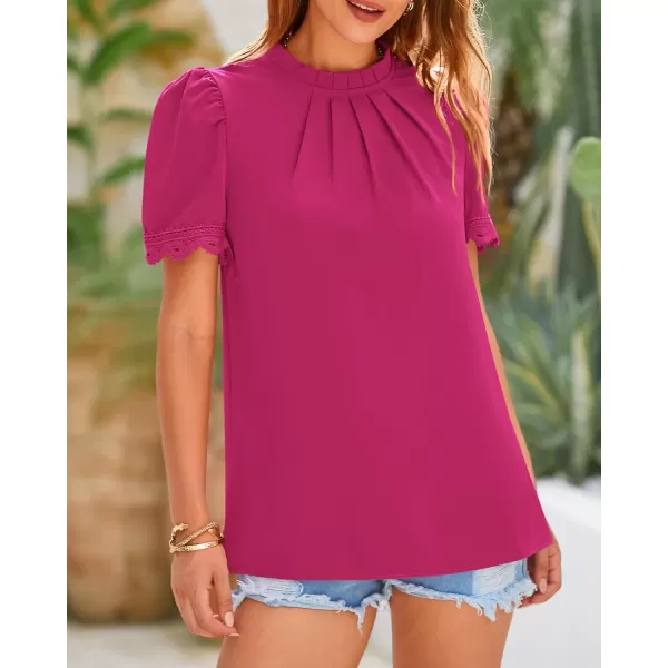 BTFBM Womens Dressy Casual Blouses Business Work Tops Lace Trim Short Sleeve Office Shirts 2024 Summer Spring OutfitsSolid Rose Red