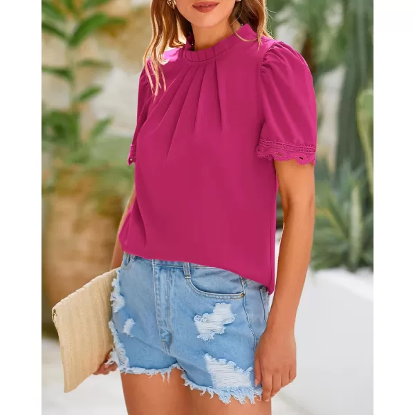 BTFBM Womens Dressy Casual Blouses Business Work Tops Lace Trim Short Sleeve Office Shirts 2024 Summer Spring OutfitsSolid Rose Red
