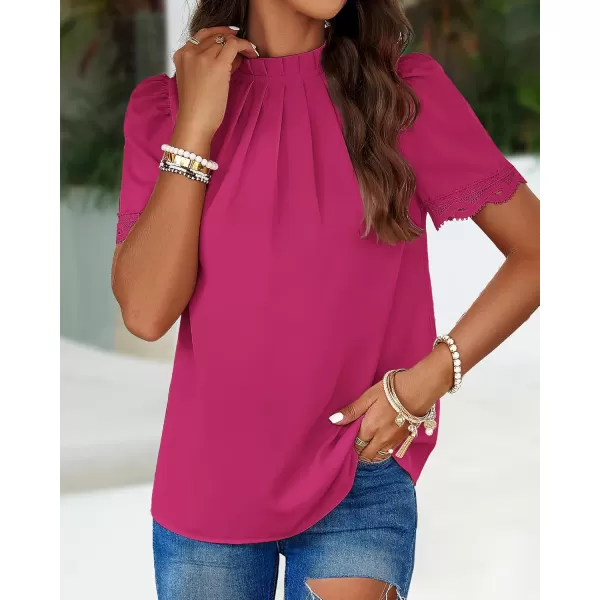 BTFBM Womens Dressy Casual Blouses Business Work Tops Lace Trim Short Sleeve Office Shirts 2024 Summer Spring OutfitsSolid Rose Red