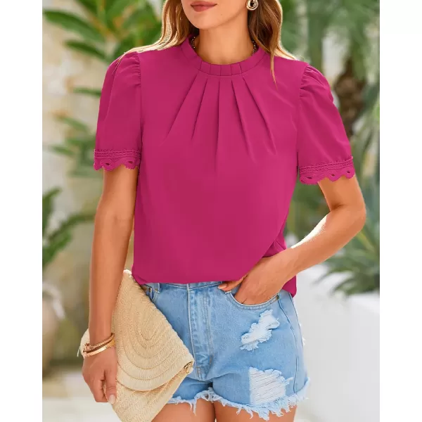 BTFBM Womens Dressy Casual Blouses Business Work Tops Lace Trim Short Sleeve Office Shirts 2024 Summer Spring OutfitsSolid Rose Red
