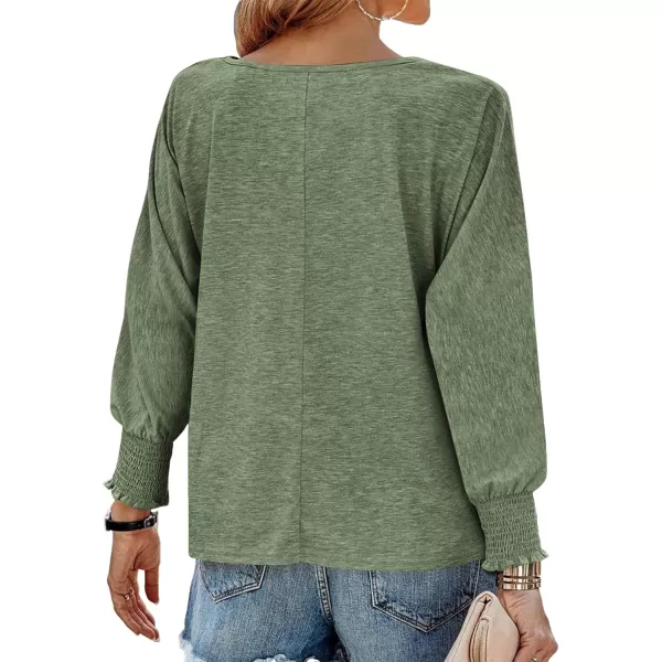 BTFBM Womens Long Sleeve Tops Fall Outfits 2024 Dressy Casual Crew Neck Tee Shirts Smocked Loose Top Tunic BlouseSolid Army Green