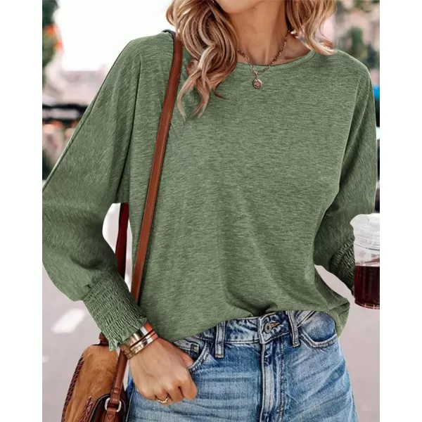 BTFBM Womens Long Sleeve Tops Fall Outfits 2024 Dressy Casual Crew Neck Tee Shirts Smocked Loose Top Tunic BlouseSolid Army Green