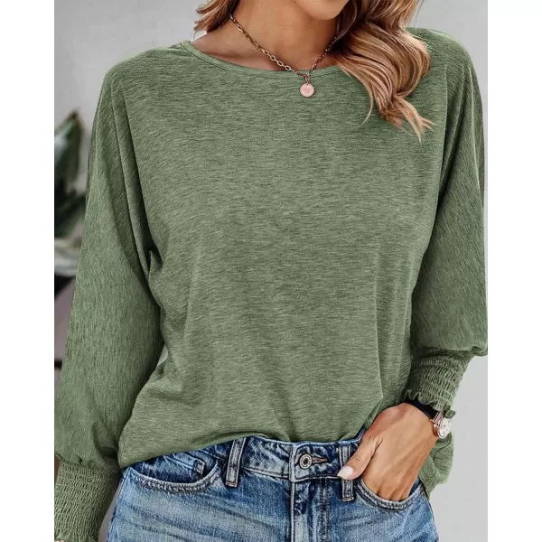 BTFBM Womens Long Sleeve Tops Fall Outfits 2024 Dressy Casual Crew Neck Tee Shirts Smocked Loose Top Tunic BlouseSolid Army Green