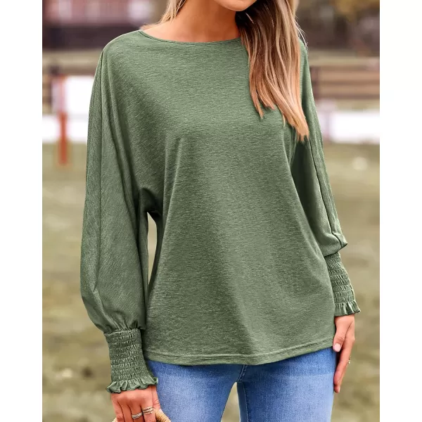 BTFBM Womens Long Sleeve Tops Fall Outfits 2024 Dressy Casual Crew Neck Tee Shirts Smocked Loose Top Tunic BlouseSolid Army Green