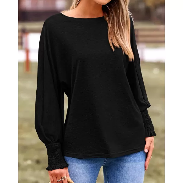 BTFBM Womens Long Sleeve Tops Fall Outfits 2024 Dressy Casual Crew Neck Tee Shirts Smocked Loose Top Tunic BlouseSolid Black