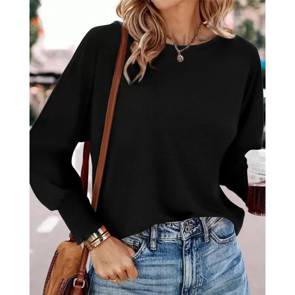 BTFBM Womens Long Sleeve Tops Fall Outfits 2024 Dressy Casual Crew Neck Tee Shirts Smocked Loose Top Tunic BlouseSolid Black