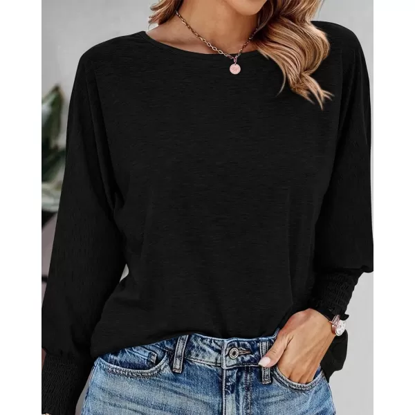 BTFBM Womens Long Sleeve Tops Fall Outfits 2024 Dressy Casual Crew Neck Tee Shirts Smocked Loose Top Tunic BlouseSolid Black