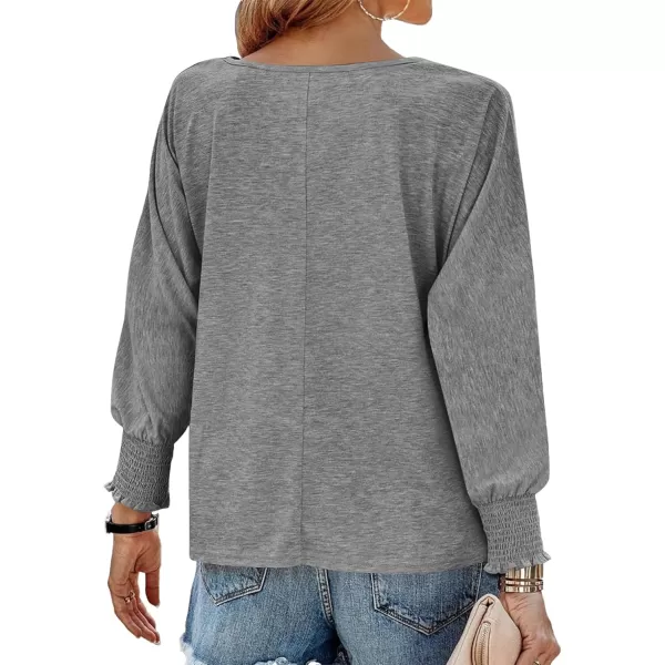 BTFBM Womens Long Sleeve Tops Fall Outfits 2024 Dressy Casual Crew Neck Tee Shirts Smocked Loose Top Tunic BlouseSolid Grey