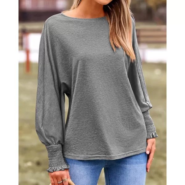 BTFBM Womens Long Sleeve Tops Fall Outfits 2024 Dressy Casual Crew Neck Tee Shirts Smocked Loose Top Tunic BlouseSolid Grey