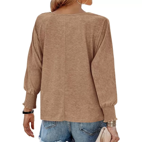 BTFBM Womens Long Sleeve Tops Fall Outfits 2024 Dressy Casual Crew Neck Tee Shirts Smocked Loose Top Tunic BlouseSolid Khaki