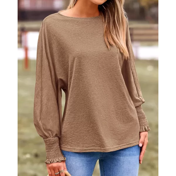 BTFBM Womens Long Sleeve Tops Fall Outfits 2024 Dressy Casual Crew Neck Tee Shirts Smocked Loose Top Tunic BlouseSolid Khaki
