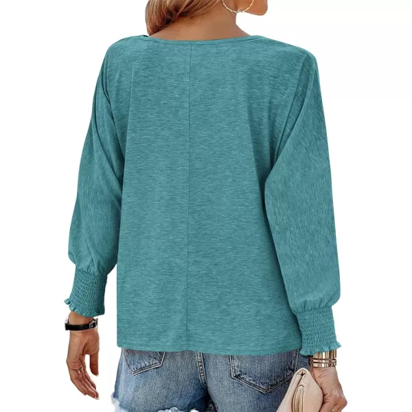 BTFBM Womens Long Sleeve Tops Fall Outfits 2024 Dressy Casual Crew Neck Tee Shirts Smocked Loose Top Tunic BlouseSolid Lake Blue