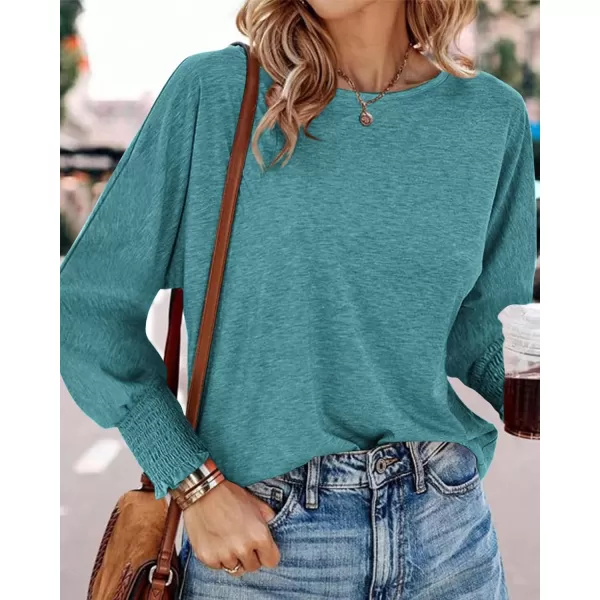 BTFBM Womens Long Sleeve Tops Fall Outfits 2024 Dressy Casual Crew Neck Tee Shirts Smocked Loose Top Tunic BlouseSolid Lake Blue