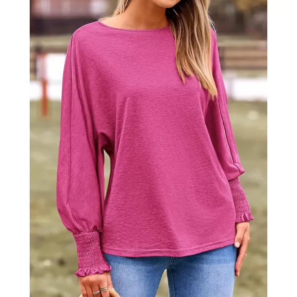 BTFBM Womens Long Sleeve Tops Fall Outfits 2024 Dressy Casual Crew Neck Tee Shirts Smocked Loose Top Tunic BlouseSolid Rose Red