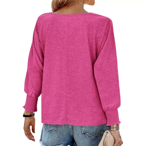 BTFBM Womens Long Sleeve Tops Fall Outfits 2024 Dressy Casual Crew Neck Tee Shirts Smocked Loose Top Tunic BlouseSolid Rose Red