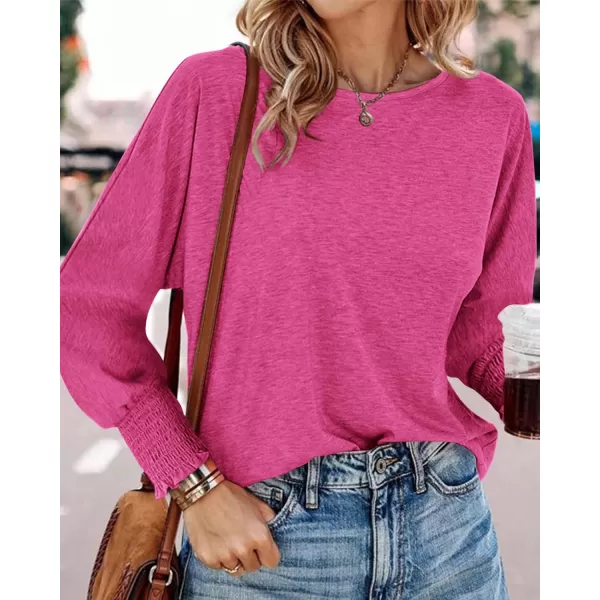 BTFBM Womens Long Sleeve Tops Fall Outfits 2024 Dressy Casual Crew Neck Tee Shirts Smocked Loose Top Tunic BlouseSolid Rose Red