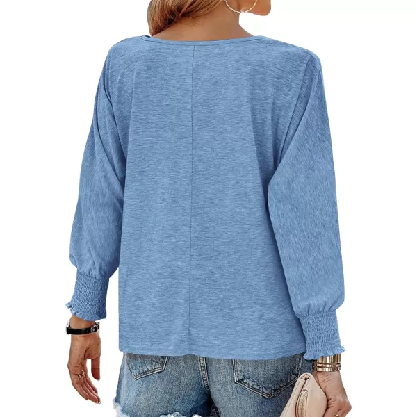 BTFBM Womens Long Sleeve Tops Fall Outfits 2024 Dressy Casual Crew Neck Tee Shirts Smocked Loose Top Tunic BlouseSolid Sky Blue