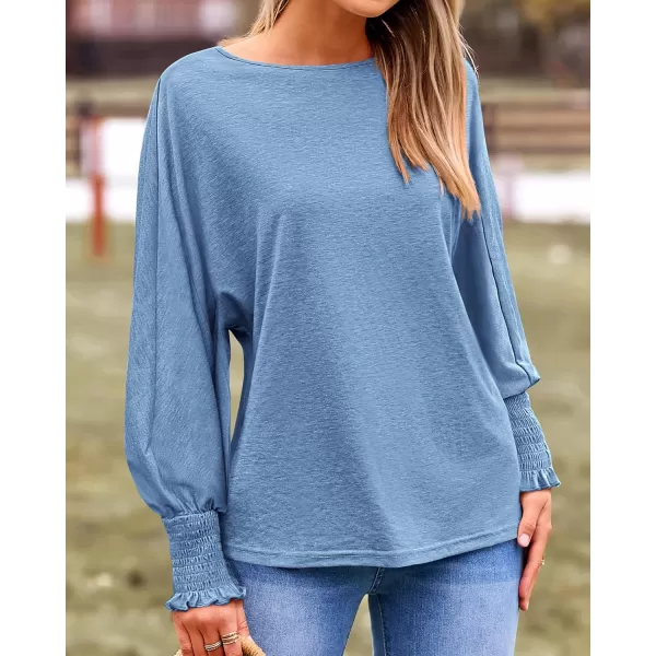 BTFBM Womens Long Sleeve Tops Fall Outfits 2024 Dressy Casual Crew Neck Tee Shirts Smocked Loose Top Tunic BlouseSolid Sky Blue