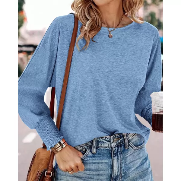 BTFBM Womens Long Sleeve Tops Fall Outfits 2024 Dressy Casual Crew Neck Tee Shirts Smocked Loose Top Tunic BlouseSolid Sky Blue