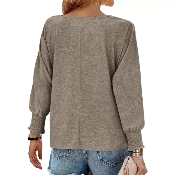 BTFBM Womens Long Sleeve Tops Fall Outfits 2024 Dressy Casual Crew Neck Tee Shirts Smocked Loose Top Tunic BlouseSolid Taupe