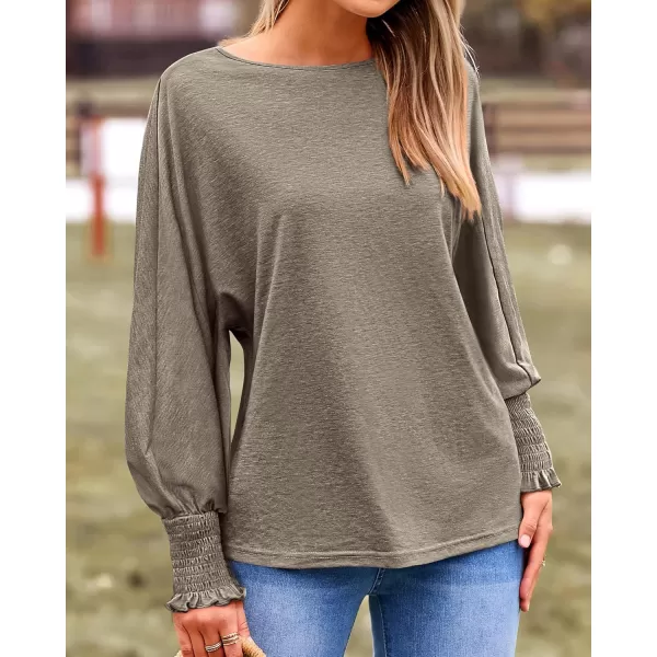 BTFBM Womens Long Sleeve Tops Fall Outfits 2024 Dressy Casual Crew Neck Tee Shirts Smocked Loose Top Tunic BlouseSolid Taupe