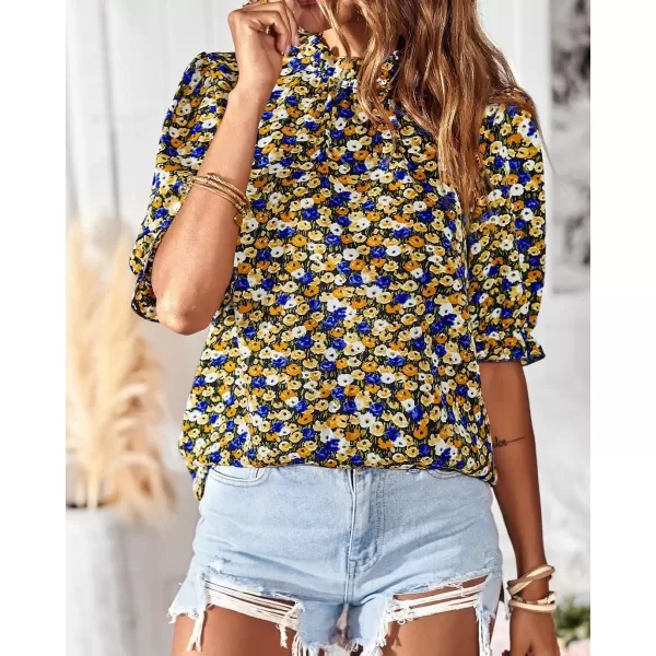 BTFBM Womens Summer Boho Shirt Top Ruffle Short Sleeve Frill Trim Mock Neck Floral Solid 2024 Casual Blouses Shirts TopsFloral Black