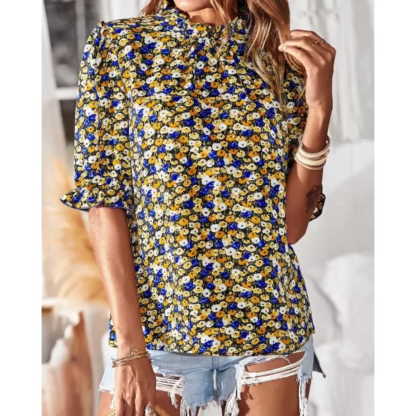 BTFBM Womens Summer Boho Shirt Top Ruffle Short Sleeve Frill Trim Mock Neck Floral Solid 2024 Casual Blouses Shirts TopsFloral Black