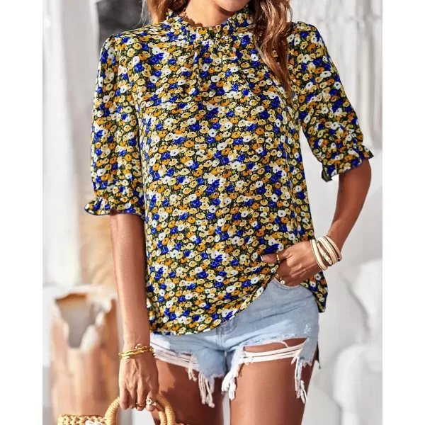 BTFBM Womens Summer Boho Shirt Top Ruffle Short Sleeve Frill Trim Mock Neck Floral Solid 2024 Casual Blouses Shirts TopsFloral Black