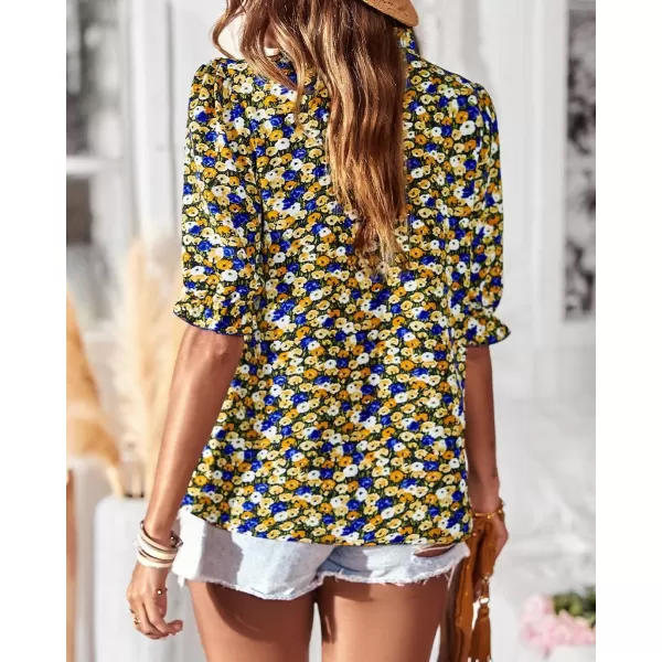 BTFBM Womens Summer Boho Shirt Top Ruffle Short Sleeve Frill Trim Mock Neck Floral Solid 2024 Casual Blouses Shirts TopsFloral Black