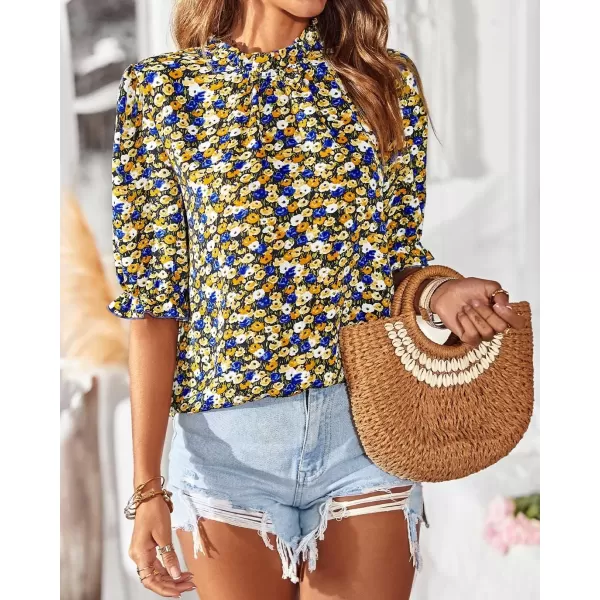 BTFBM Womens Summer Boho Shirt Top Ruffle Short Sleeve Frill Trim Mock Neck Floral Solid 2024 Casual Blouses Shirts TopsFloral Black