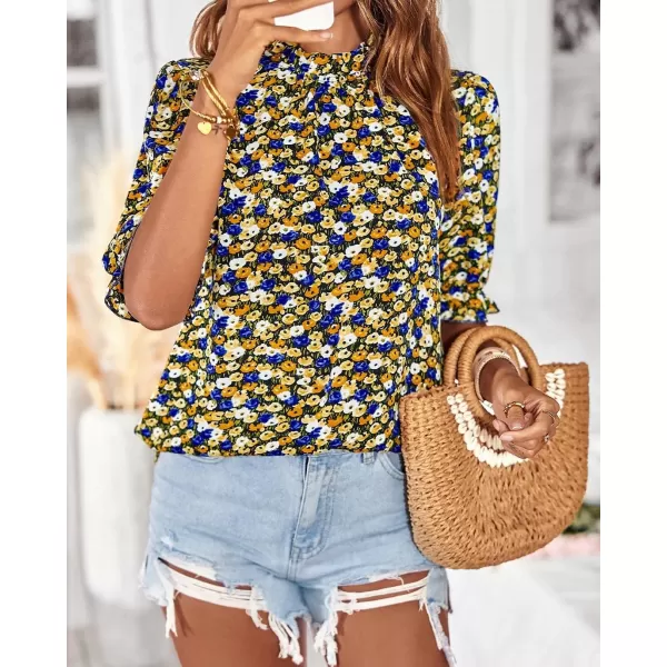 BTFBM Womens Summer Boho Shirt Top Ruffle Short Sleeve Frill Trim Mock Neck Floral Solid 2024 Casual Blouses Shirts TopsFloral Black