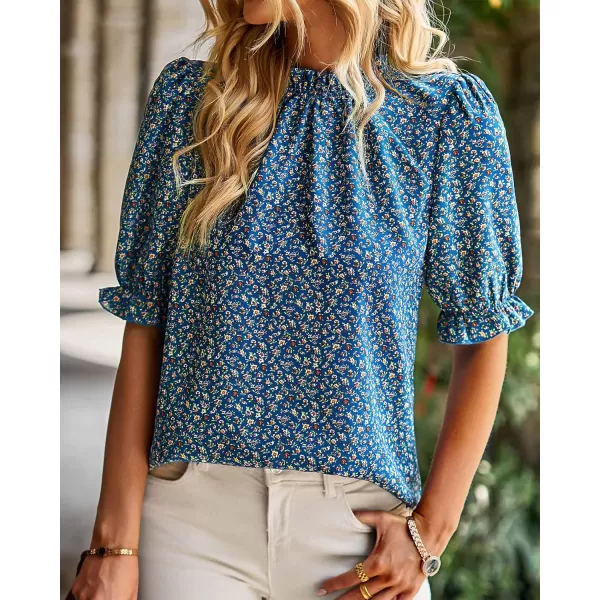 BTFBM Womens Summer Boho Shirt Top Ruffle Short Sleeve Frill Trim Mock Neck Floral Solid 2024 Casual Blouses Shirts TopsFloral Blue