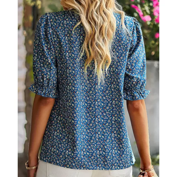 BTFBM Womens Summer Boho Shirt Top Ruffle Short Sleeve Frill Trim Mock Neck Floral Solid 2024 Casual Blouses Shirts TopsFloral Blue