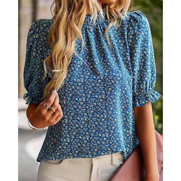 BTFBM Womens Summer Boho Shirt Top Ruffle Short Sleeve Frill Trim Mock Neck Floral Solid 2024 Casual Blouses Shirts TopsFloral Blue