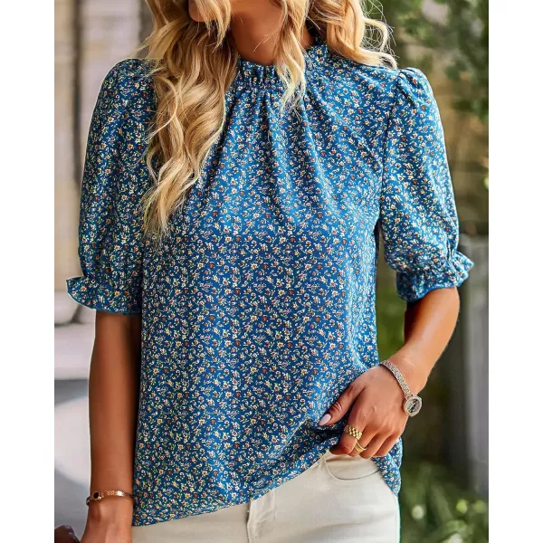 BTFBM Womens Summer Boho Shirt Top Ruffle Short Sleeve Frill Trim Mock Neck Floral Solid 2024 Casual Blouses Shirts TopsFloral Blue