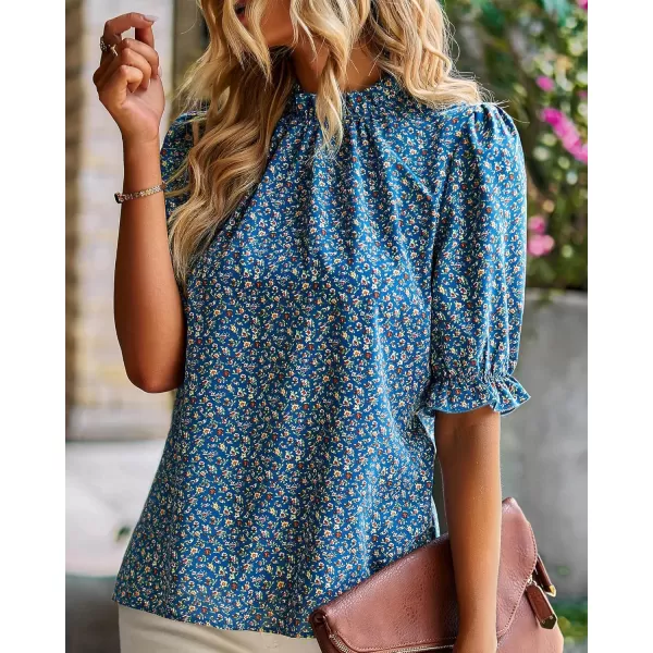 BTFBM Womens Summer Boho Shirt Top Ruffle Short Sleeve Frill Trim Mock Neck Floral Solid 2024 Casual Blouses Shirts TopsFloral Blue