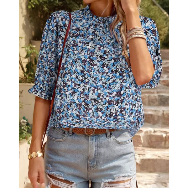 BTFBM Womens Summer Boho Shirt Top Ruffle Short Sleeve Frill Trim Mock Neck Floral Solid 2024 Casual Blouses Shirts TopsFloral Blue White