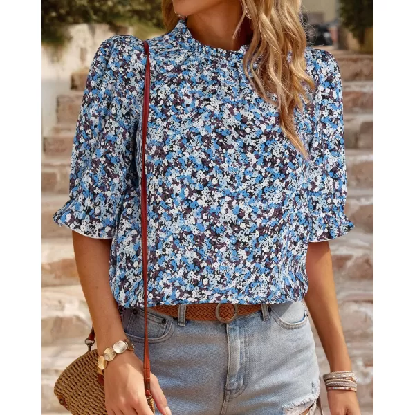 BTFBM Womens Summer Boho Shirt Top Ruffle Short Sleeve Frill Trim Mock Neck Floral Solid 2024 Casual Blouses Shirts TopsFloral Blue White