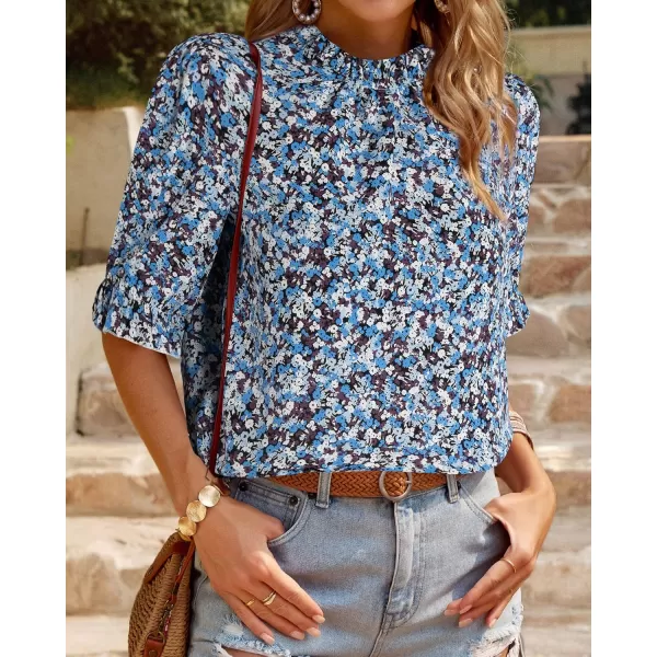 BTFBM Womens Summer Boho Shirt Top Ruffle Short Sleeve Frill Trim Mock Neck Floral Solid 2024 Casual Blouses Shirts TopsFloral Blue White