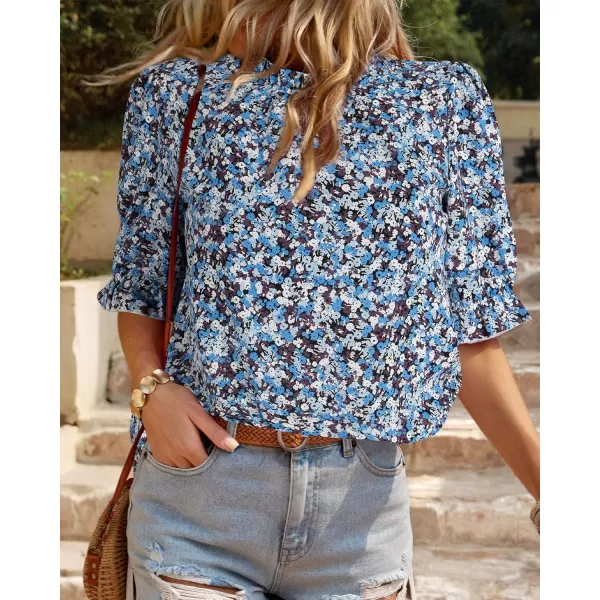BTFBM Womens Summer Boho Shirt Top Ruffle Short Sleeve Frill Trim Mock Neck Floral Solid 2024 Casual Blouses Shirts TopsFloral Blue White