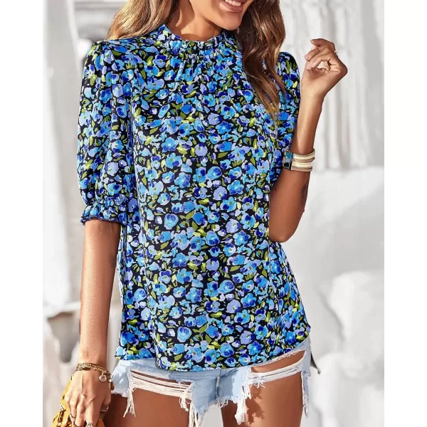 BTFBM Womens Summer Boho Shirt Top Ruffle Short Sleeve Frill Trim Mock Neck Floral Solid 2024 Casual Blouses Shirts TopsFloral Bright Blue