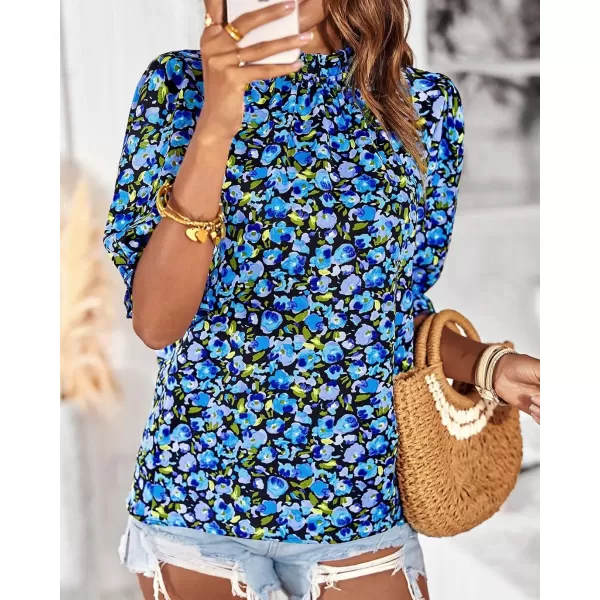 BTFBM Womens Summer Boho Shirt Top Ruffle Short Sleeve Frill Trim Mock Neck Floral Solid 2024 Casual Blouses Shirts TopsFloral Bright Blue