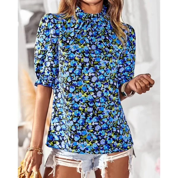 BTFBM Womens Summer Boho Shirt Top Ruffle Short Sleeve Frill Trim Mock Neck Floral Solid 2024 Casual Blouses Shirts TopsFloral Bright Blue